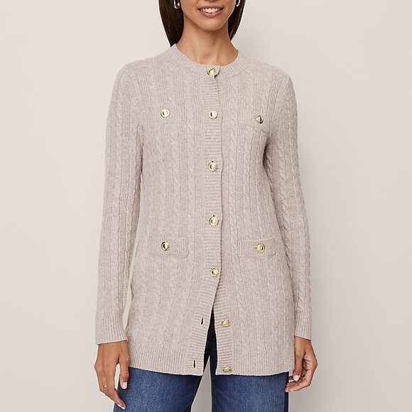 Ann Taylor Long Cable Knit Cardigan Button Down Vintage Taupe Melange NWT SMALL - Picture 8 of 9